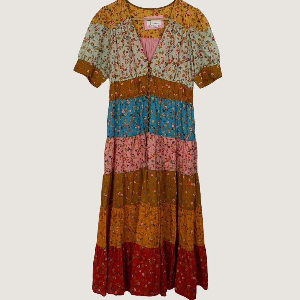 Anthropologie Tiered And True Floral Patchwork Maxi Dress Multicolor Cotton Sz M